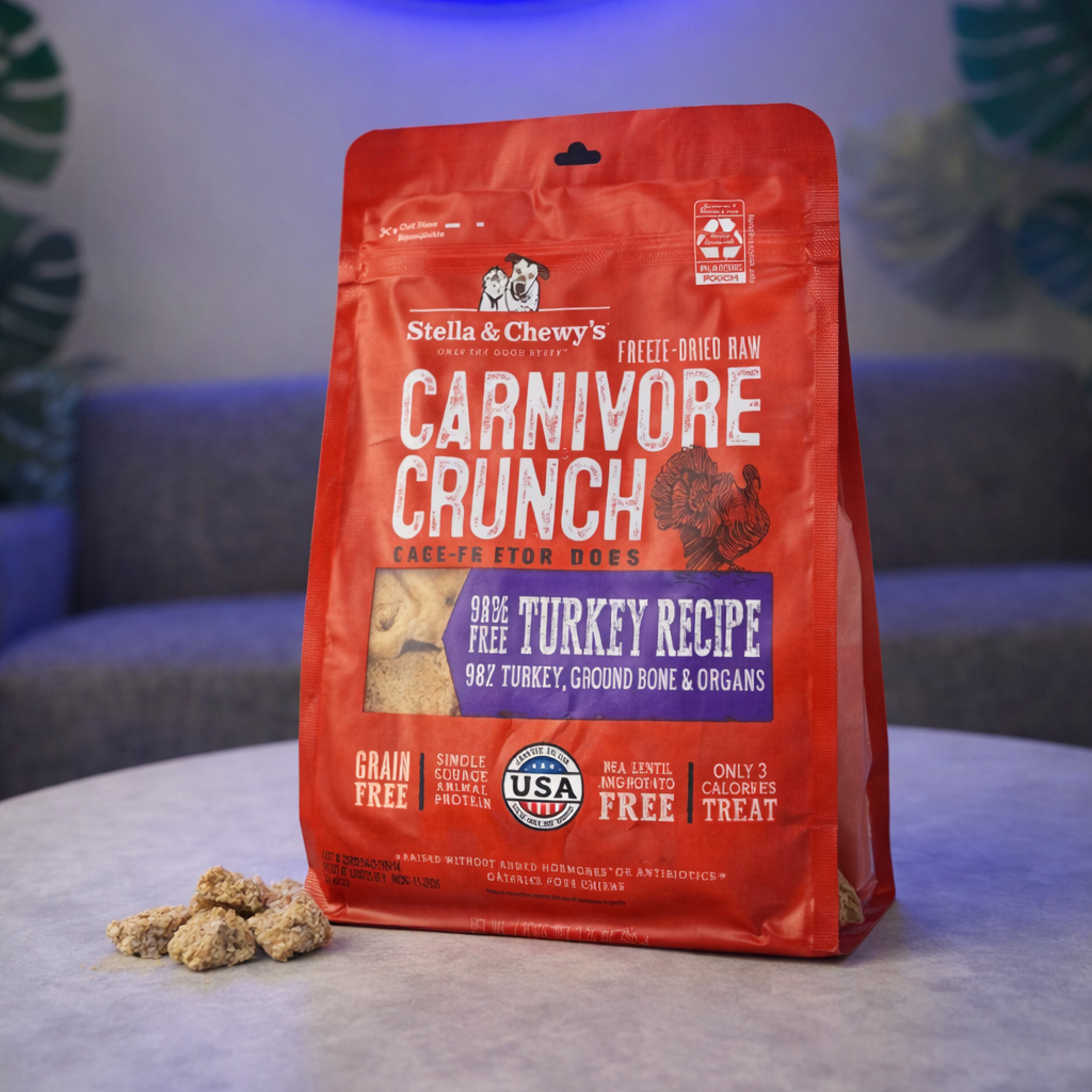 Red bag of Stella & Chewy's Carnivore Crunch dog food with a neon sign in the background.